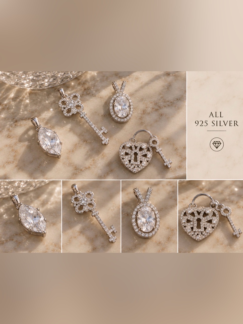 4 Silver 925  Clear Crystal Key & Heart Pendant Charms Set